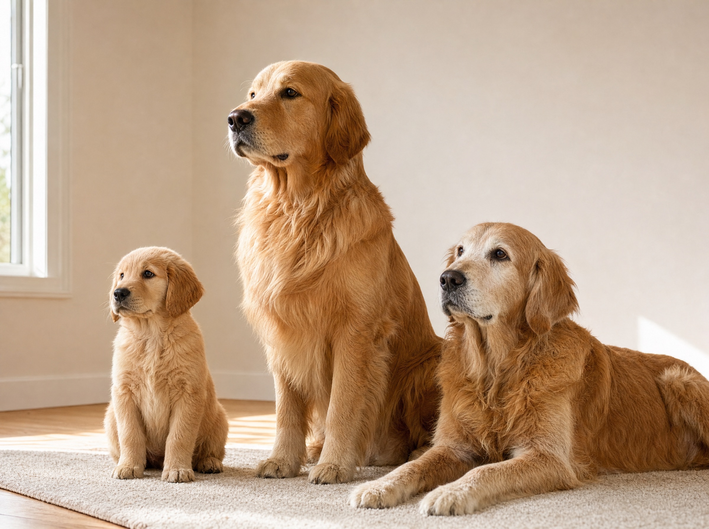 Three same-breed Golden Retrievers at different life stages composed on a cream rug — a 12-week puppy sitting at left, an adult Golden sitting upright in the middle, and a senior Golden with greying muzzle lying calmly on the right, warm window light