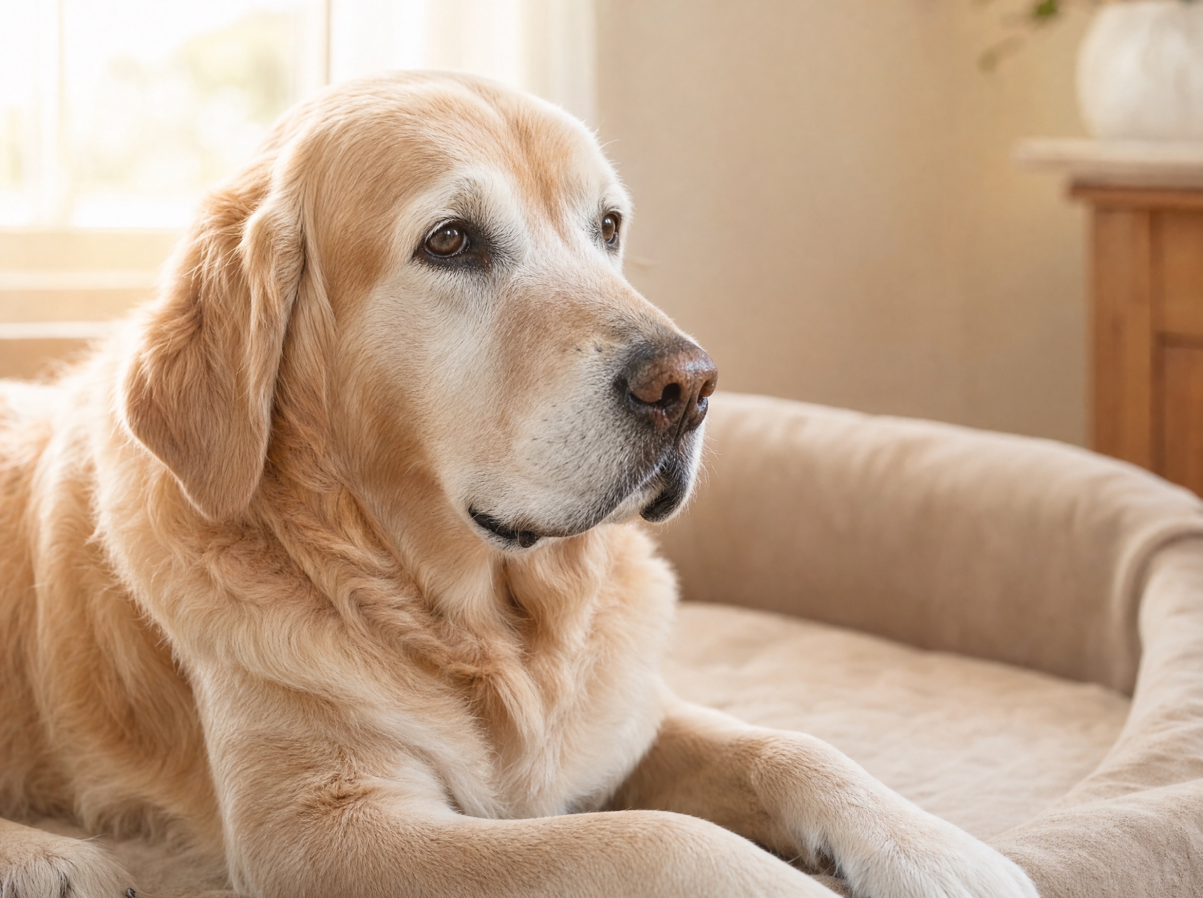 Senior golden retriever with a gray muzzle resting peacefully on a soft beige couch in warm window light