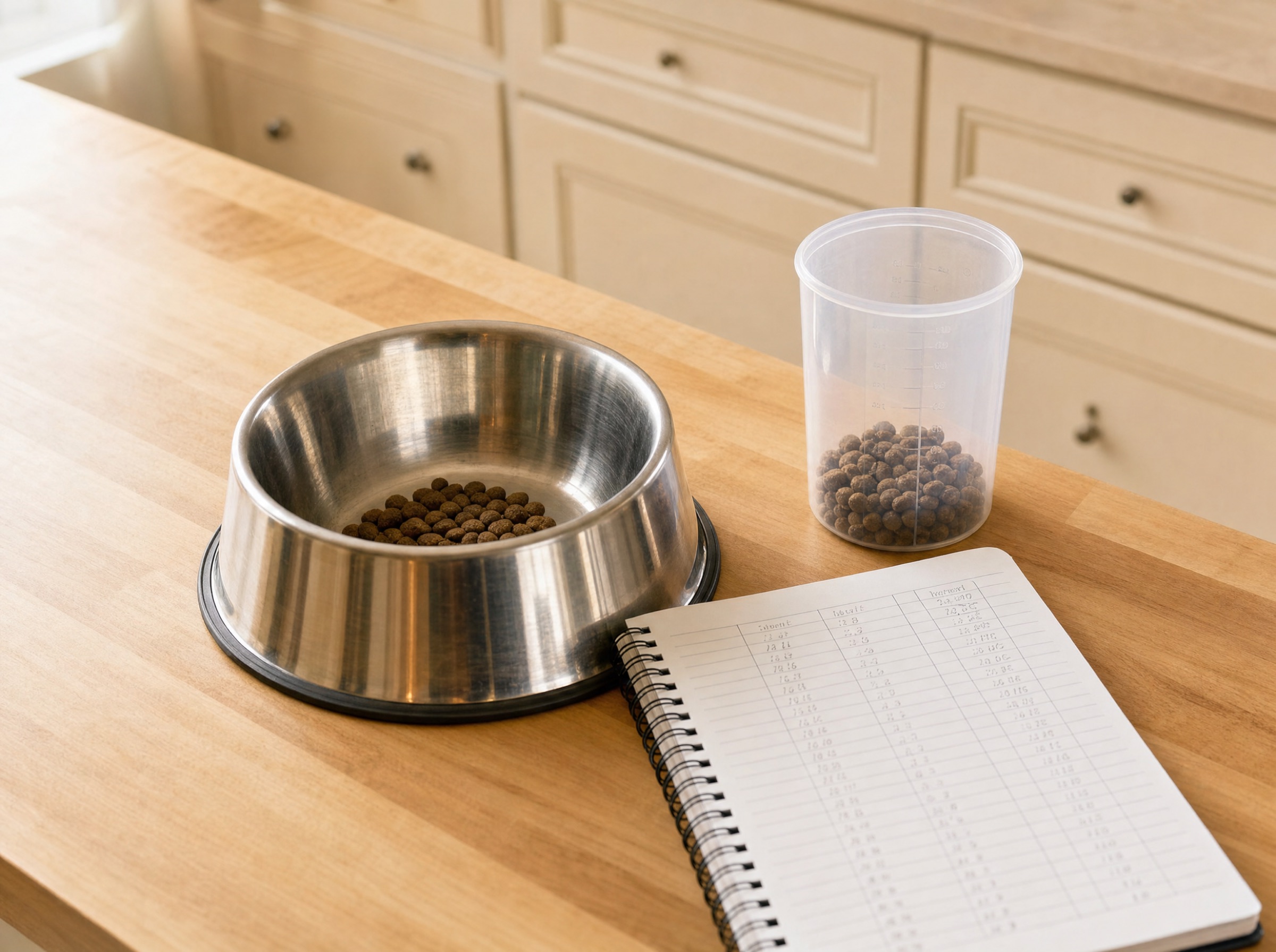 Top-down 3/4 view of measured weight-loss feeding setup: stainless-steel dog bowl with a small intentional portion of kibble at bottom, unbranded clear measuring cup with kibble inside, and an open spiral notebook with a handwritten feeding log, all on a clean light-wood kitchen counter