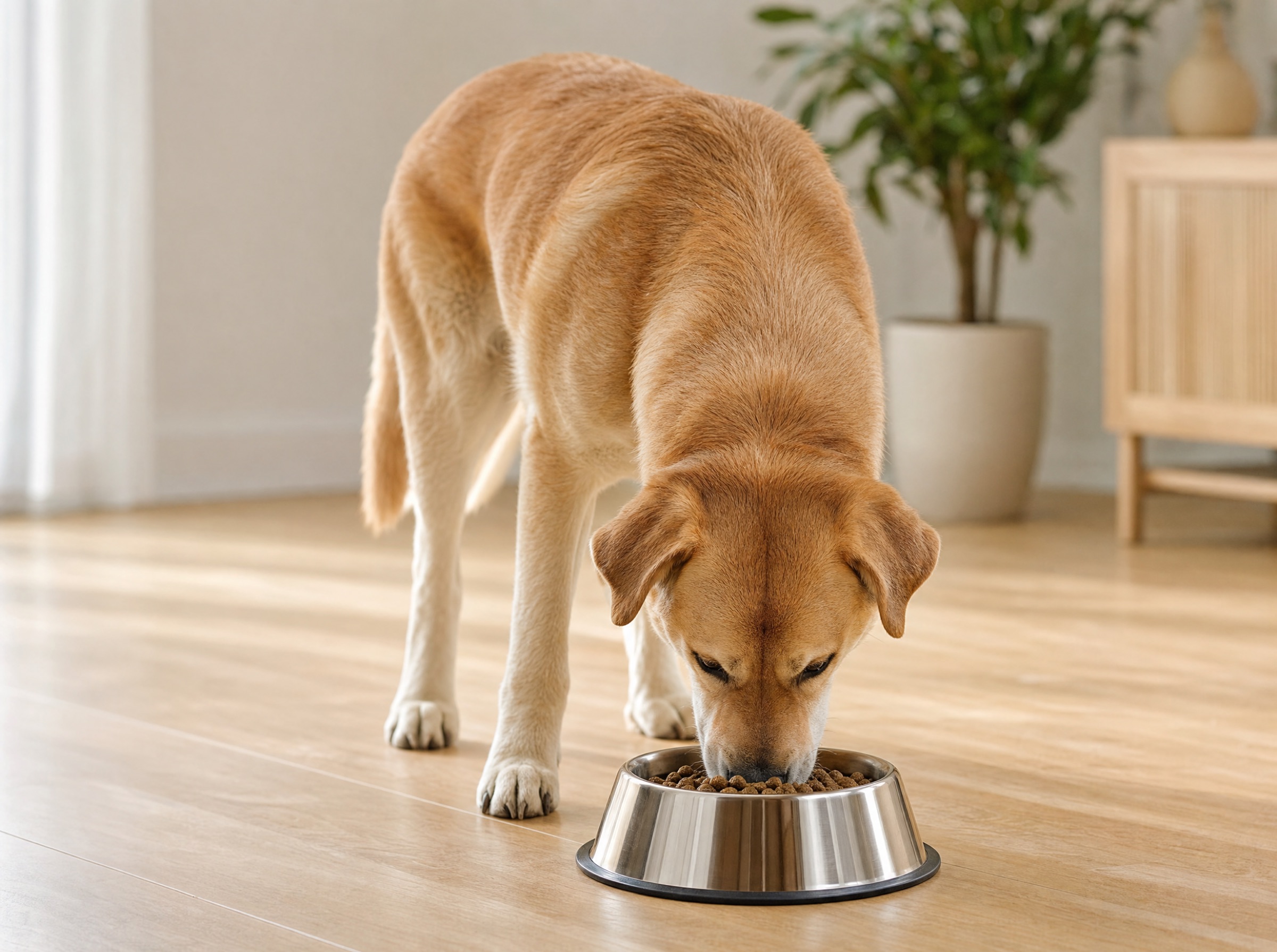 Medium dog eating from a stainless-steel bowl on a hardwood floor, soft daylight