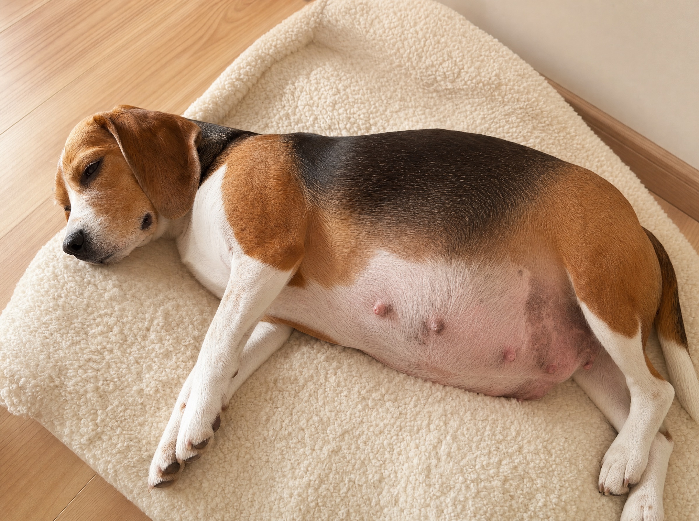 Pregnant tricolor beagle in late-stage pregnancy resting peacefully on a soft cream dog bed, distended belly visible from a side angle, warm muted light