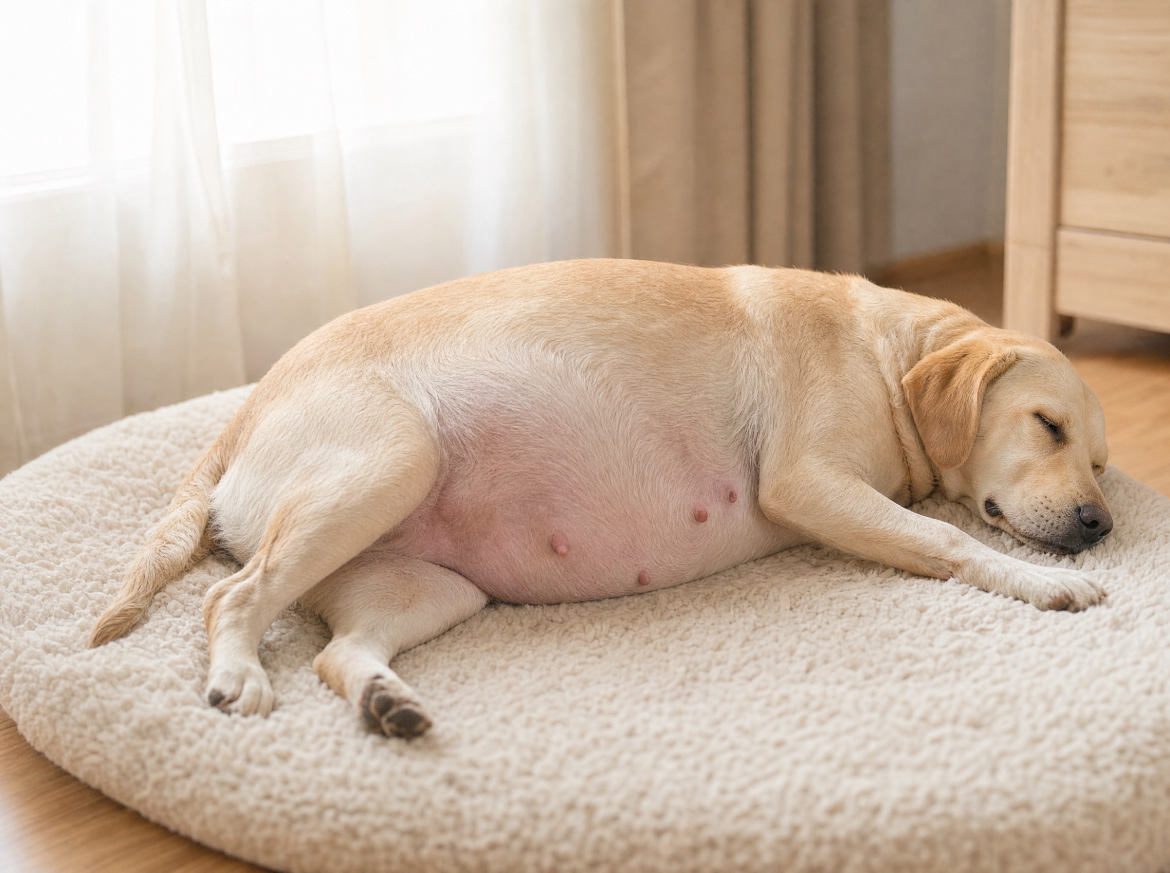 Pregnant medium dog in late-stage pregnancy resting peacefully on a soft dog bed in warm muted light