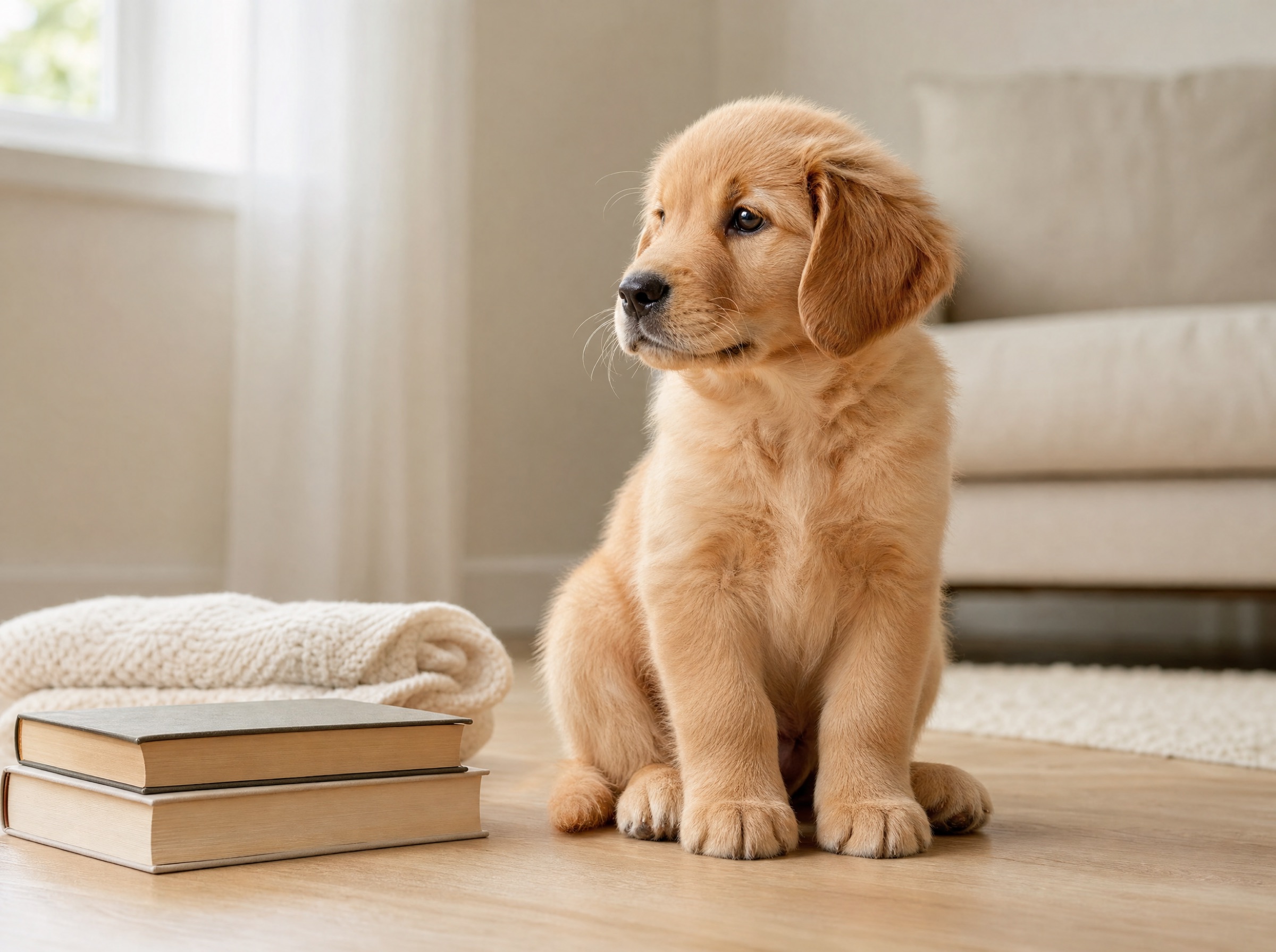 Small Golden Retriever puppy about 8 to 12 weeks old sitting on a light-wood living room floor next to a folded cream blanket and a stack of two unbranded books for size scale, soft warm window light