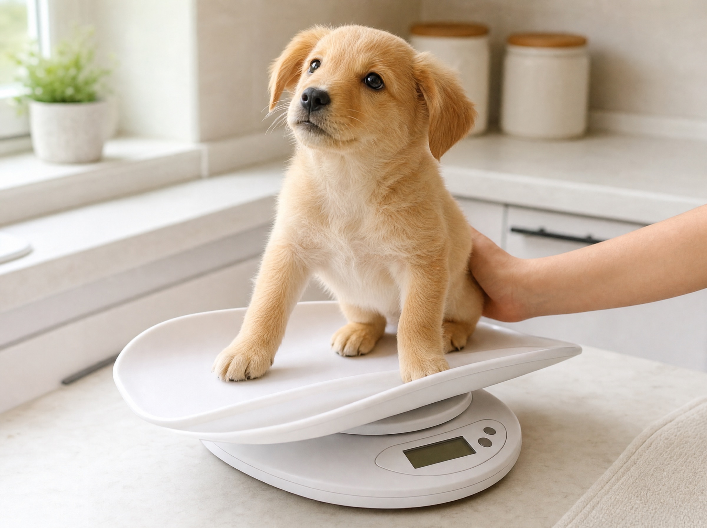 Small fluffy puppy sitting on a kitchen scale with curious alert expression
