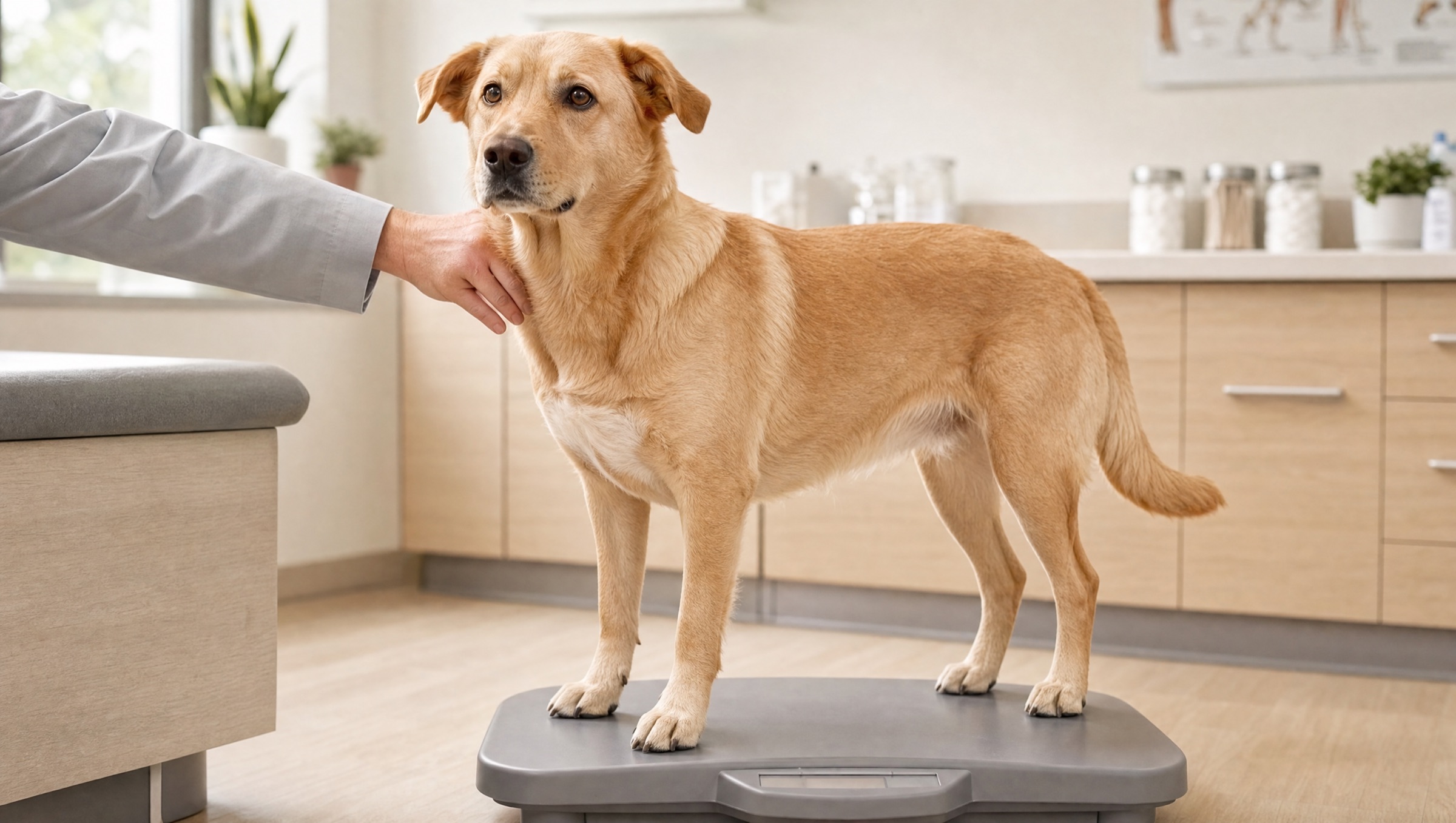 Medium dog standing calmly on a vet-office scale platform with a person's hand resting on its shoulder