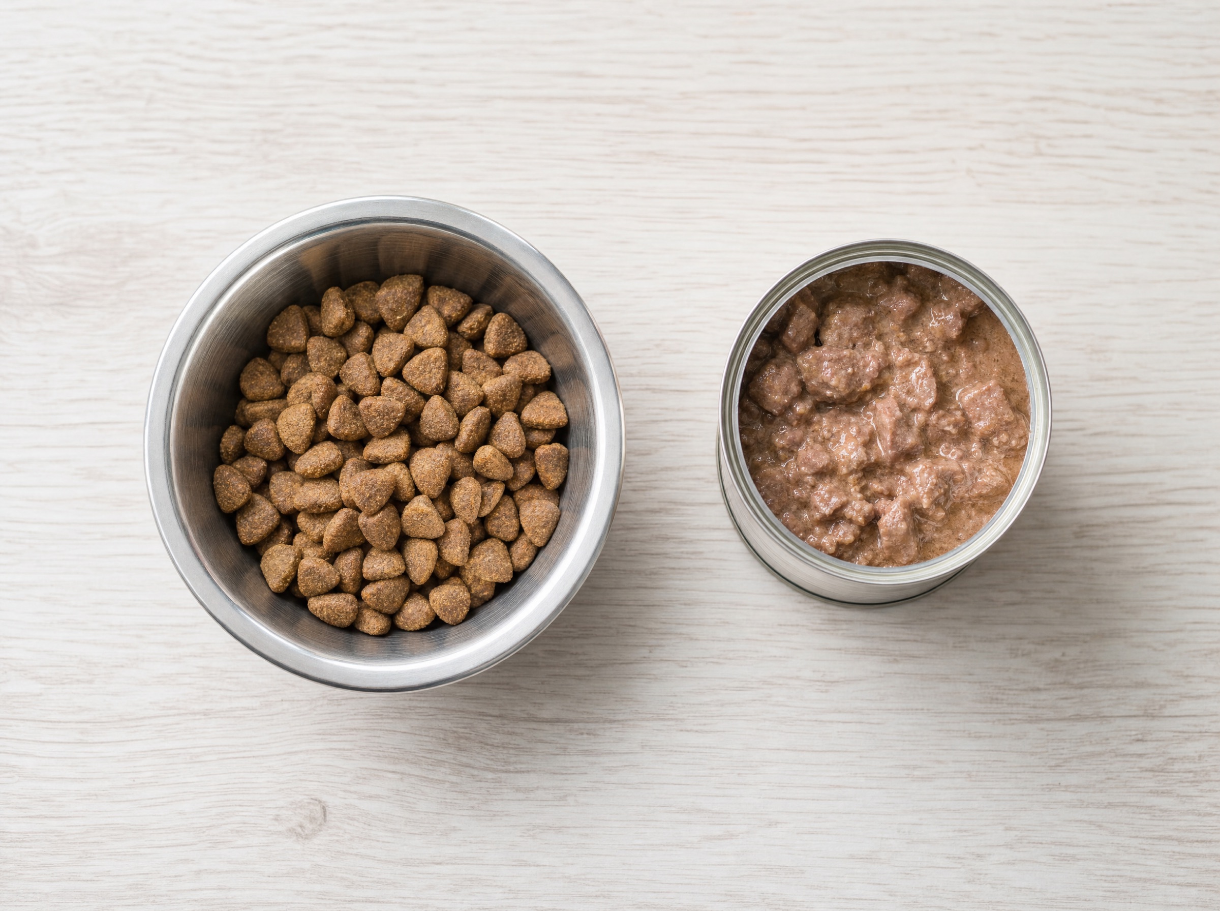Top-down flat lay comparing a stainless-steel bowl half-full of dry kibble next to an opened can of wet dog food on a light-wood surface