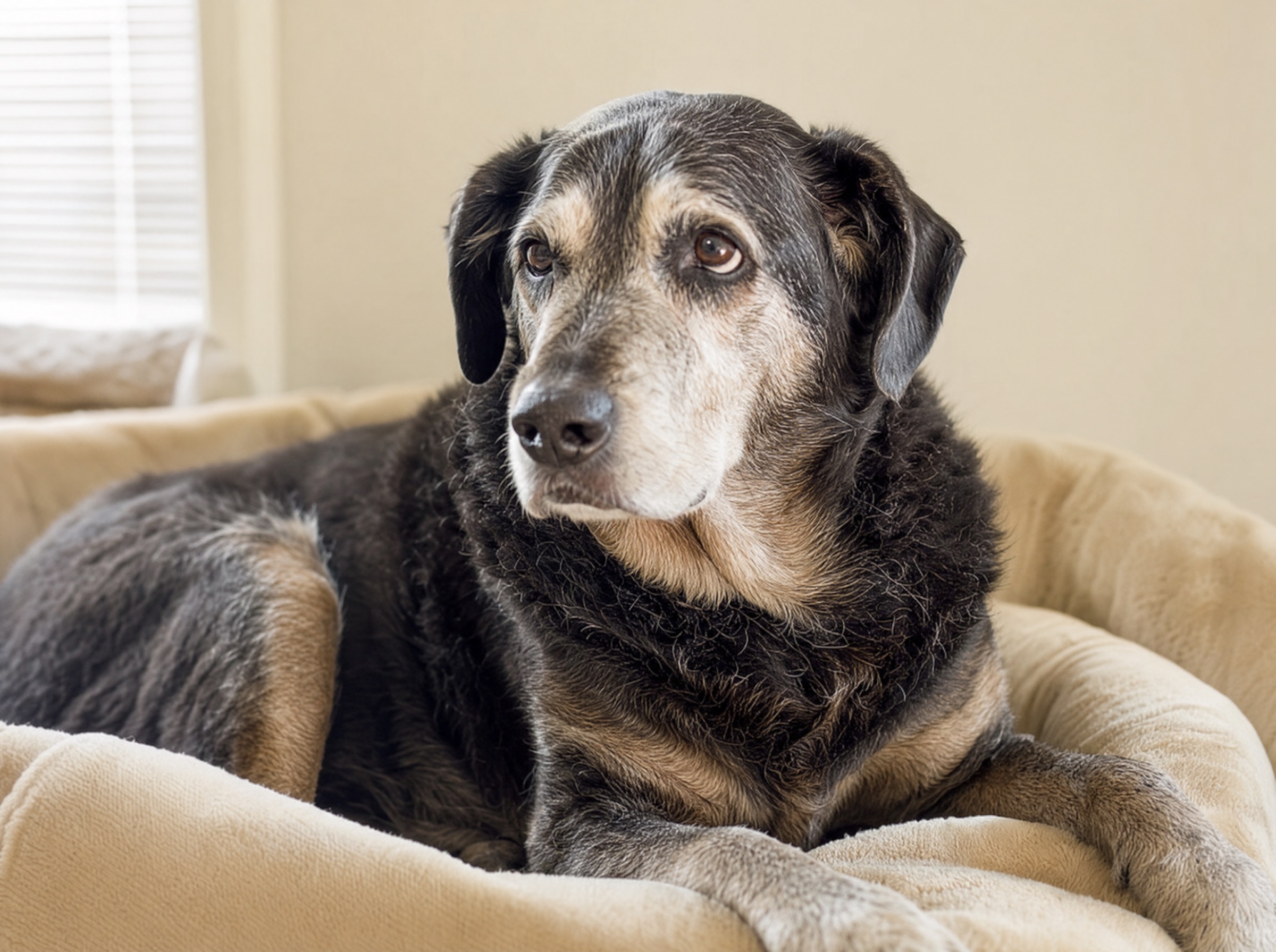 Senior dog with greying muzzle resting peacefully on a soft cream dog bed, dignified expression, warm interior light