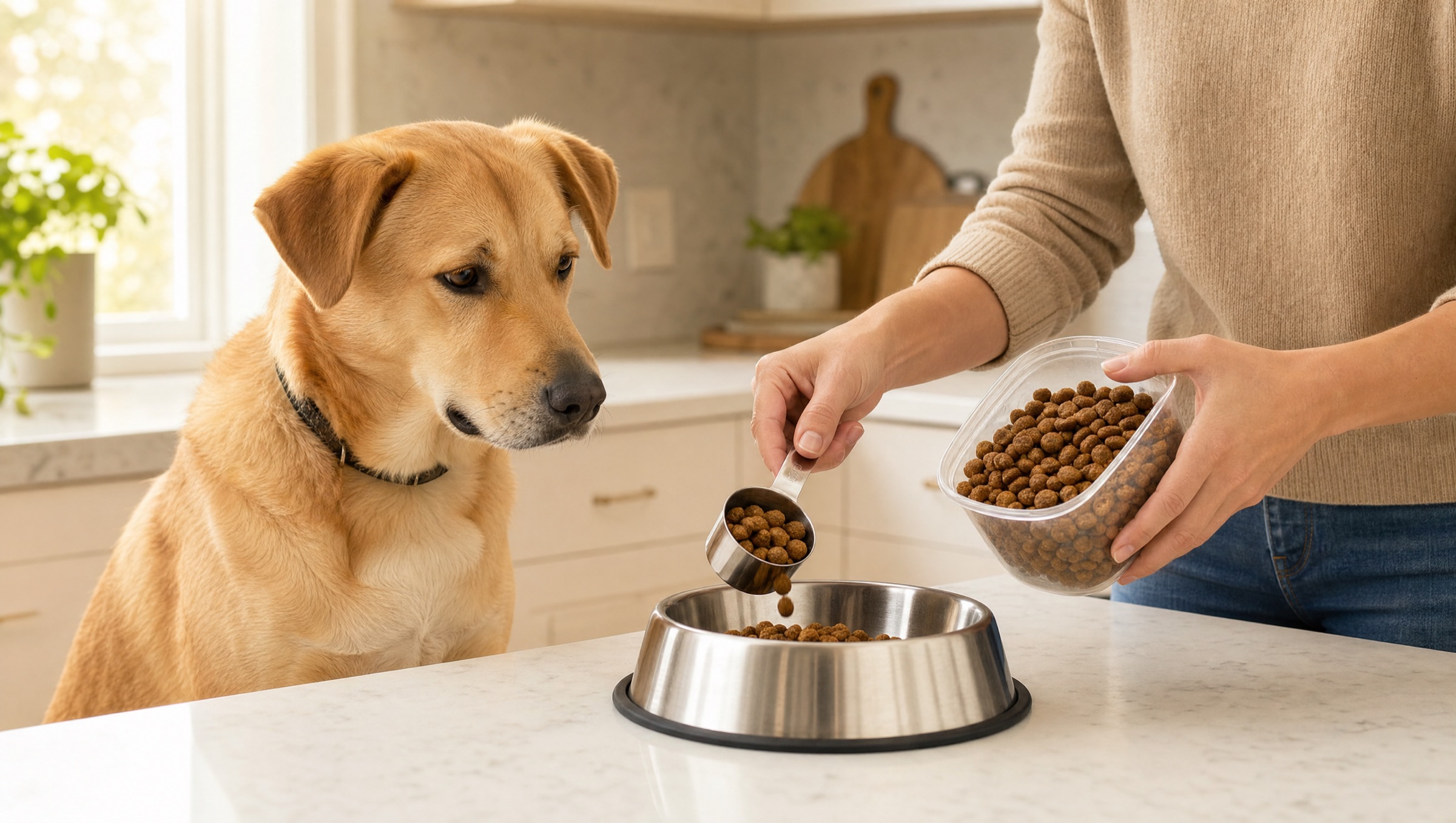 Golden lab-mix dog sitting beside a stainless-steel bowl on a marble counter while a person measures kibble into the bowl, warm window light from the left