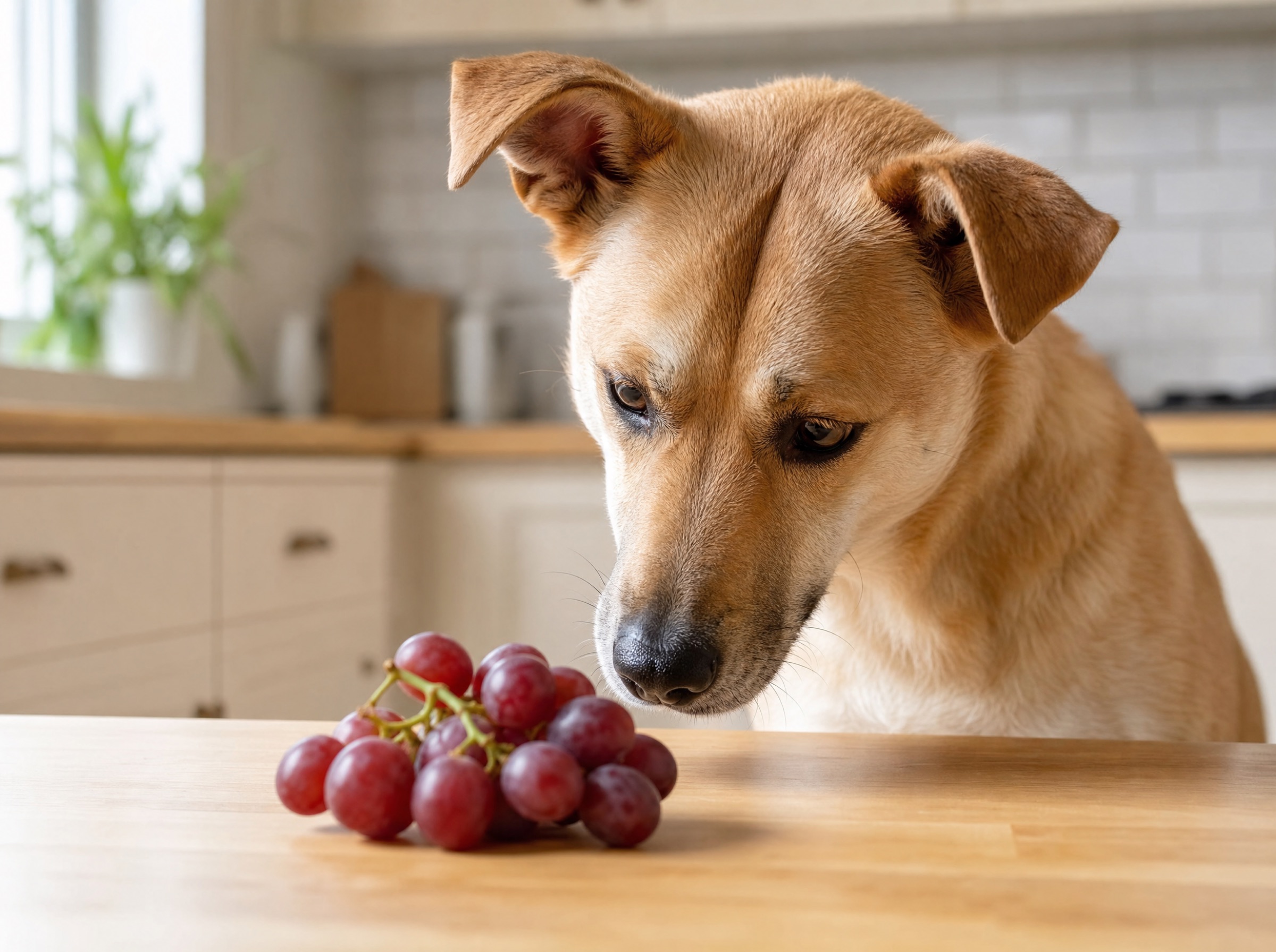 Tan mixed-breed dog with concerned-but-curious expression looking down at a small bunch of red grapes on a kitchen counter, warm window light