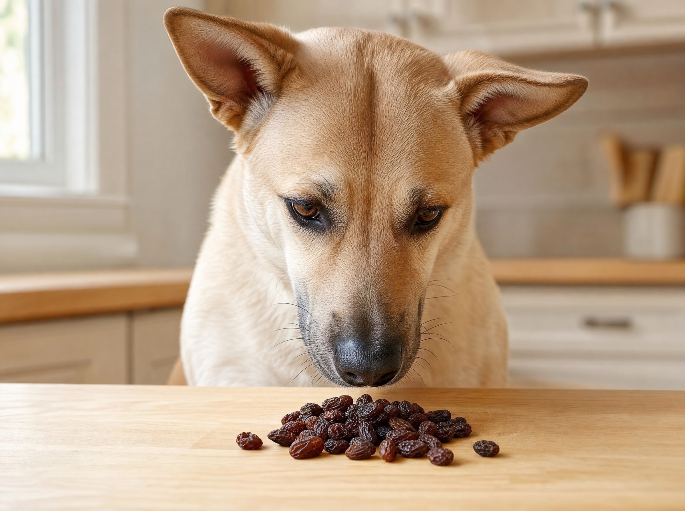 Tan mixed-breed dog with concerned expression looking down at a small pile of dark raisins on a kitchen counter, warm window light